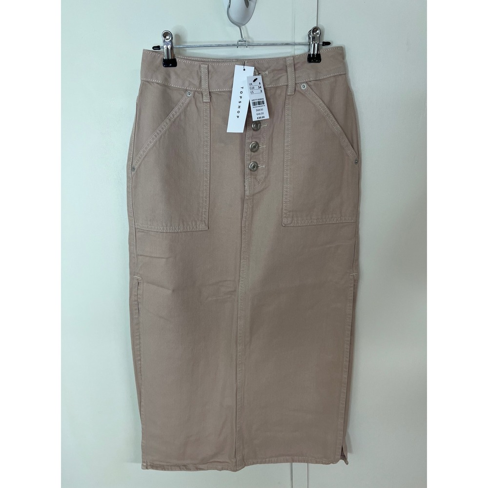 Topshop Tan Denim Midi Skirt Button Fly High Waisted Utility Pockets US 2 NEW
